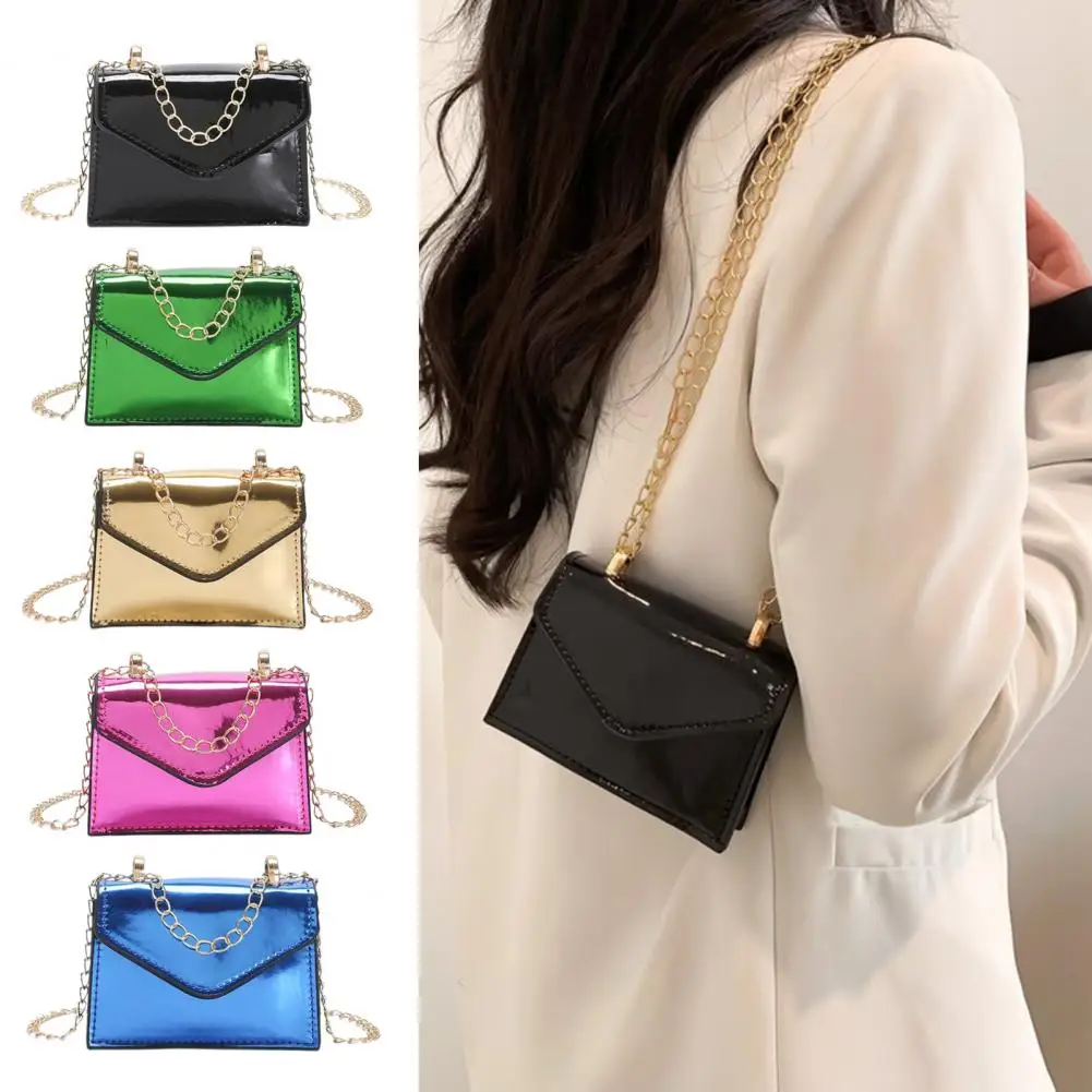 

Women Mini Crossbody Bag High Gloss Faux Leather Small Rectangle Link Chain Strap Single Shoulder Bag Coins Purse Square Handbag