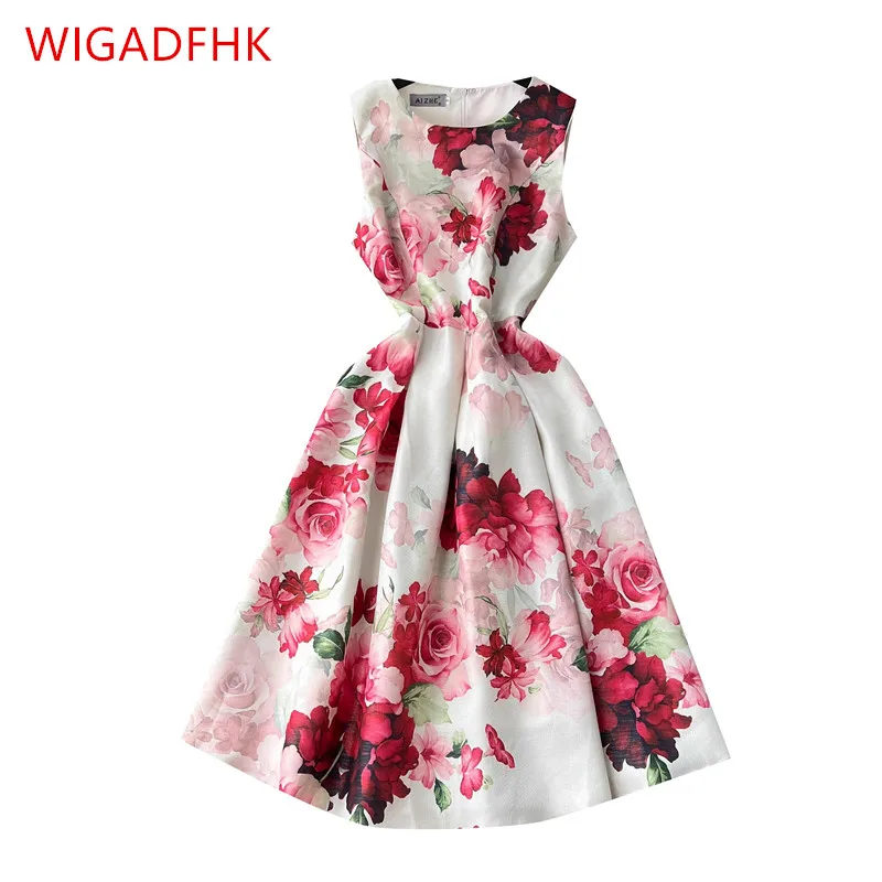 

Женское платье в стиле ретро WIGADFHK, плиссированное длинное платье на бретелях с круглым вырезом, без рукавов и с принтом