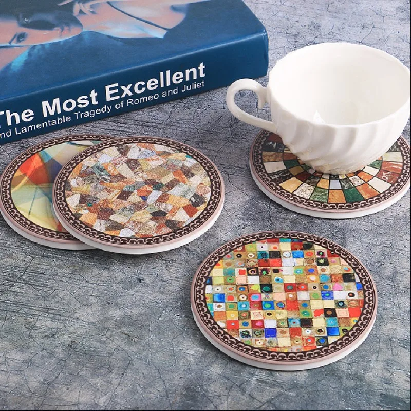 

4pcs Ceramic Coaster Mat Pad Colorful Placemat Cork Wood Base Coffee Drink Tea Cup Vase Non-slip Holder Table Decor Home Kitchen