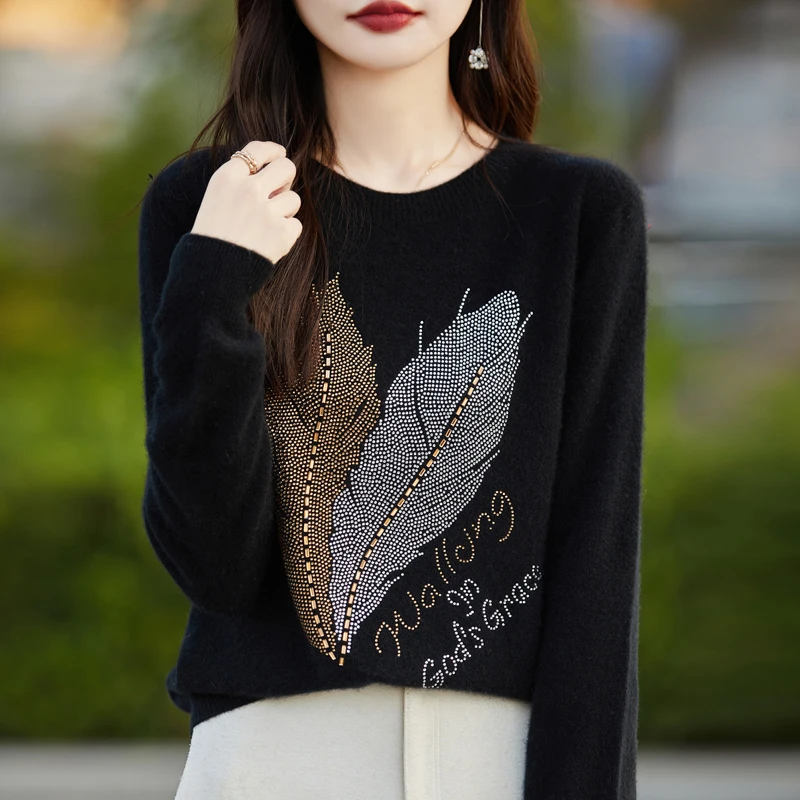 Свитер с круглым вырезом женский осенний вязаный топ длинным рукавом модный