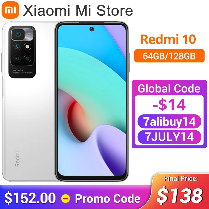 Смартфон Xiaomi Redmi 10 2022 дюйма 64 ГБ/128 Гб ПЗУ Восьмиядерный процессор MediaTek Helio G88