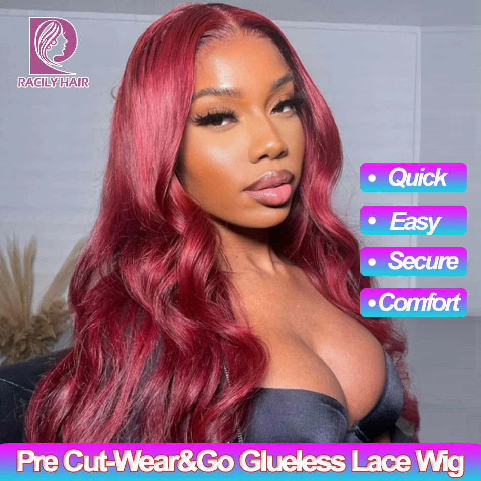 

Burgundy Glueless Wear And Go Wig 99J Body Wave 4X6 Lace Closure Wig Preplucked Human Wigs Ready To Wear PreCut Lace Racily Hair