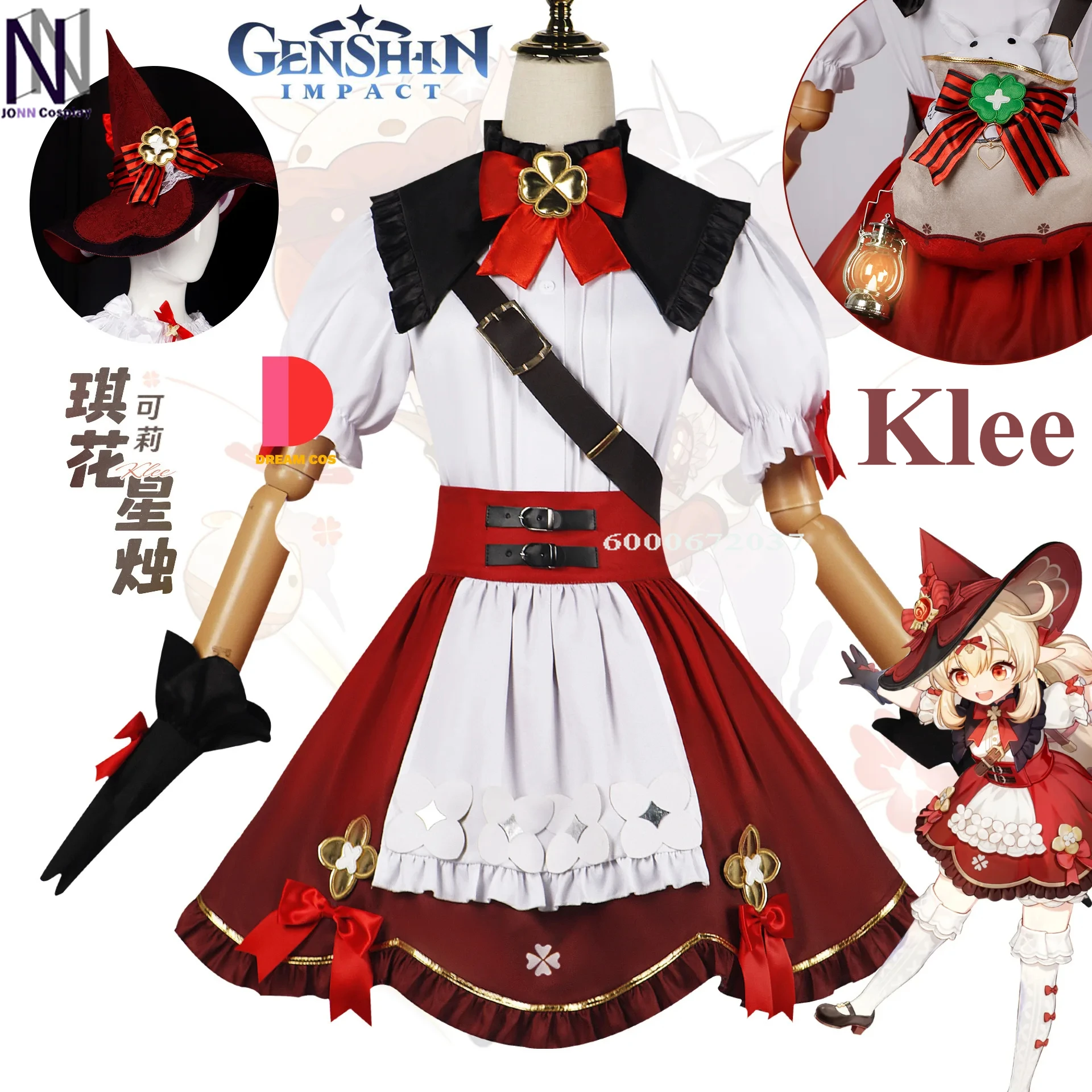 Genshin Impact Game Klee New Skin Cosplay Costume Doll Witch Red Dress Bag Little Outfit for Women Role Play Party