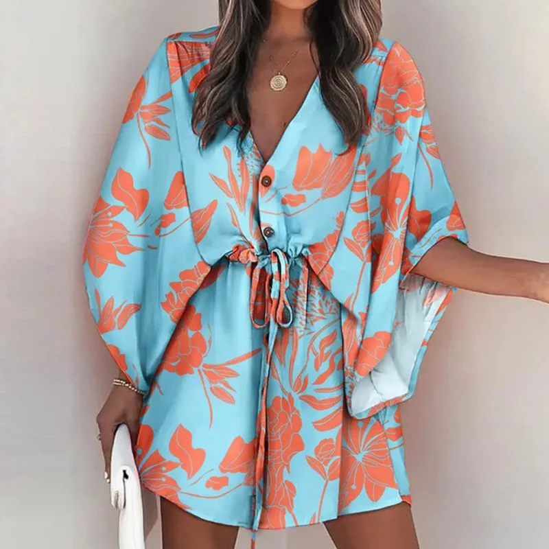 

Summer New Women's Fashion Elegant Print Deep V-neck Single Breasted Lace Up Waist Loose Fitting Dress Shirt Dress