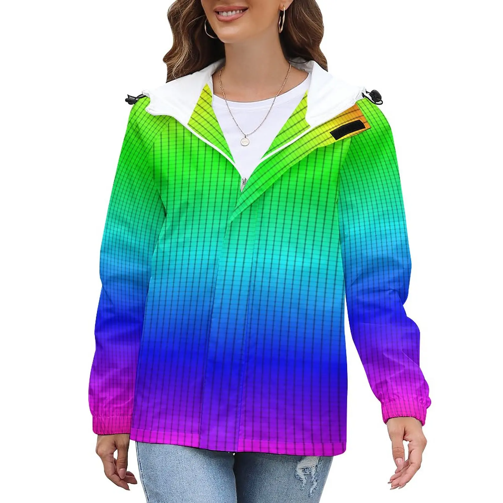 

Женская Повседневная куртка с эффектом омбре, радужные неоновые пальто с капюшоном, осенняя винтажная верхняя одежда, куртка с графическим ...