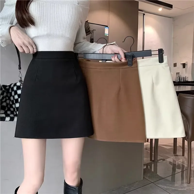 Зимняя утолщенная черная шерстяная юбка трапециевидной формы с высокой талией