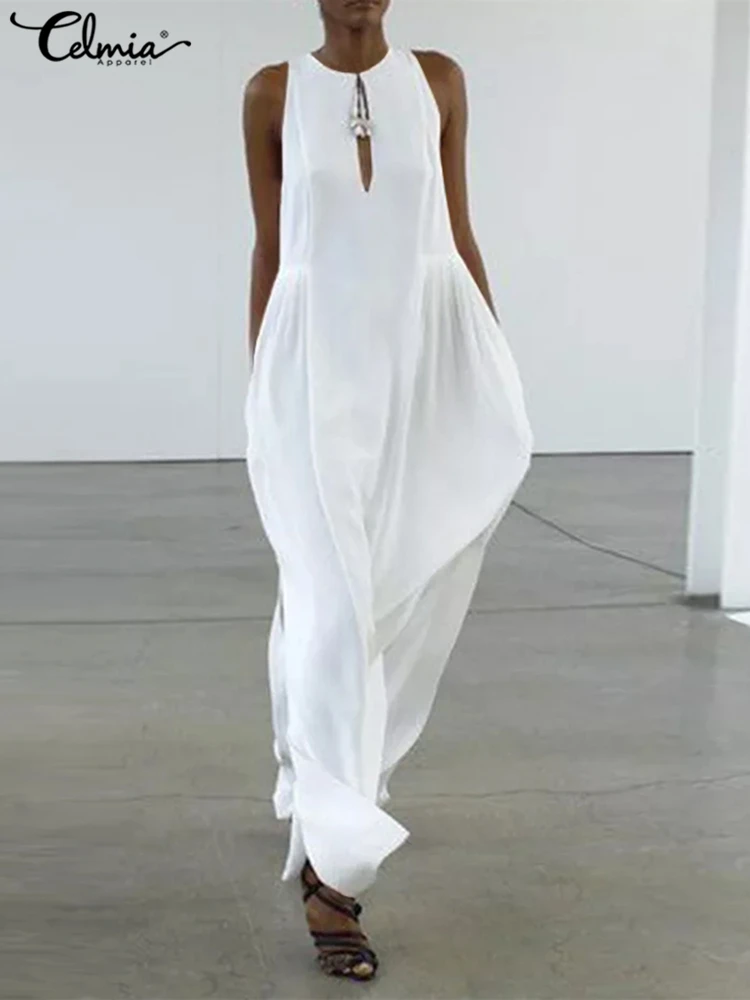 

Celmia Holiday Long Dresses Women Casual Sleeveless Tank Dress Fashion O-neck Shirred Waist Maxi Vestidos Sexy Hollow Chest Robe