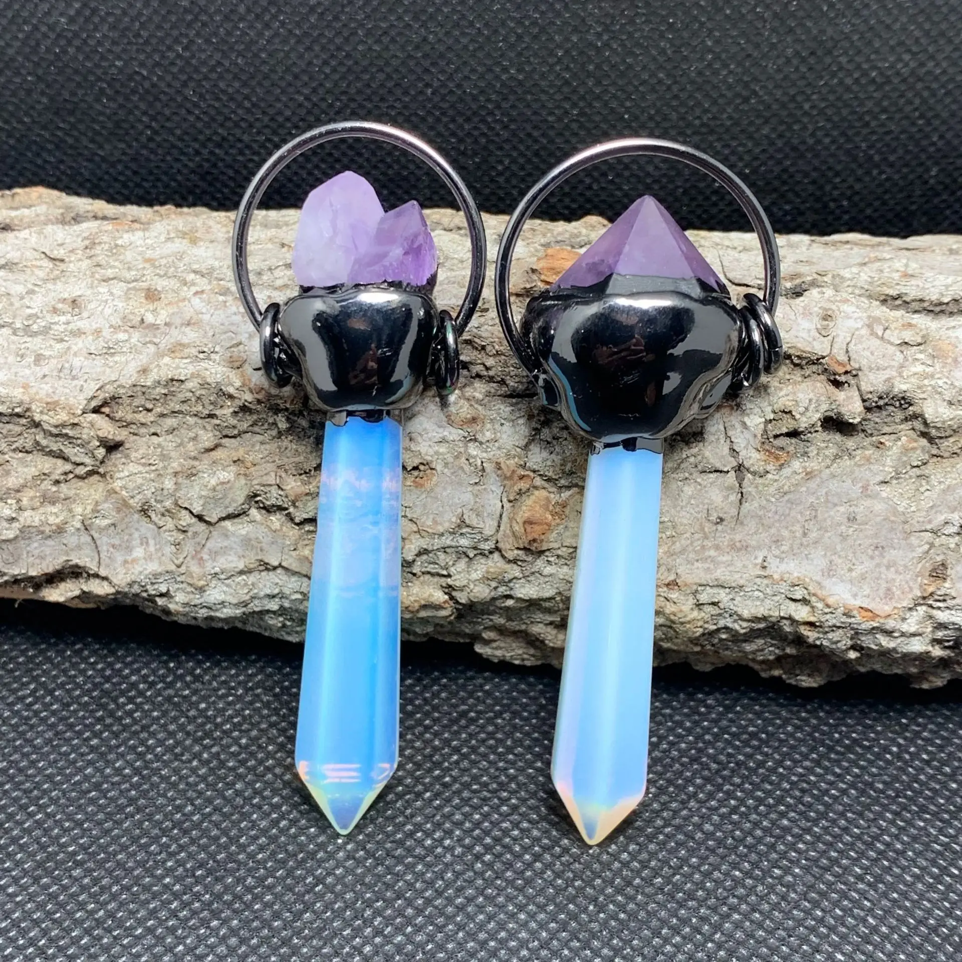 

Opal Hexagonal Prism Pendant Natural Amethysts Druzy Gun Black Plating Vintage Charms for Necklace Jewelry DIY Making