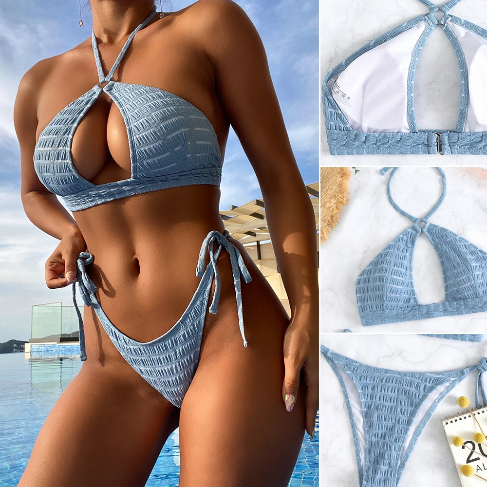 

2-Piece Women's Swimsuit Sexy Backless Tie Bikini Halterneck Slim Swimwear Bathing Suit Spa Clothing Sunbathing Suit d88