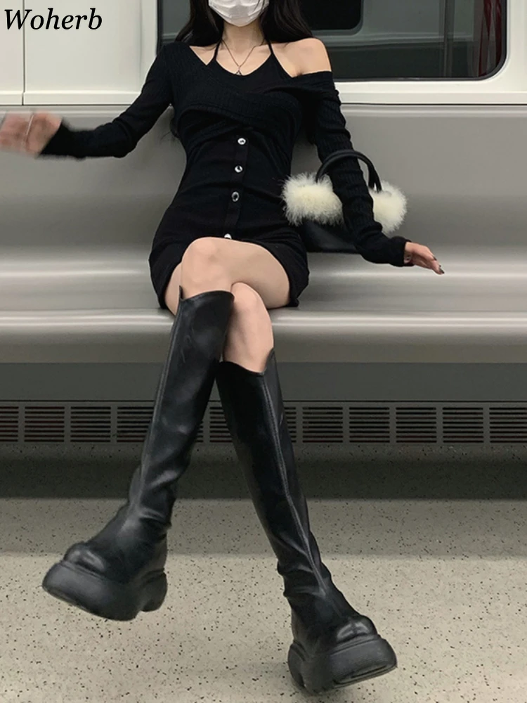 Woherb модные платья Y2k для женщин сексуальные облегающие с открытыми плечами