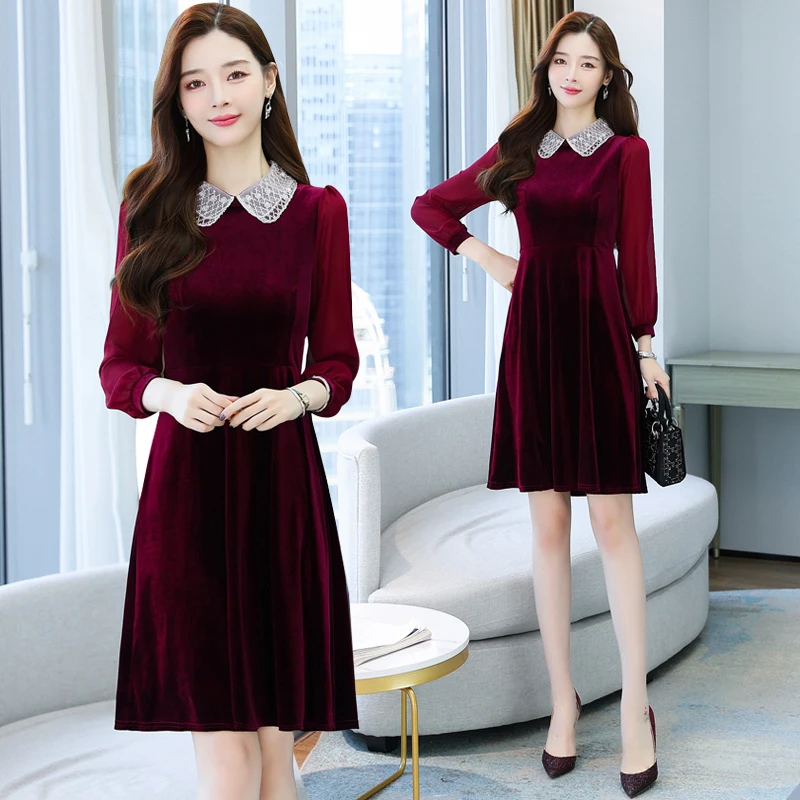 

Autumn Winter Women's Velvet Dress Lace Peter Pan Collar Long Sleeve Evening Party Dress Retro Knee-Length Midi Dresses Female