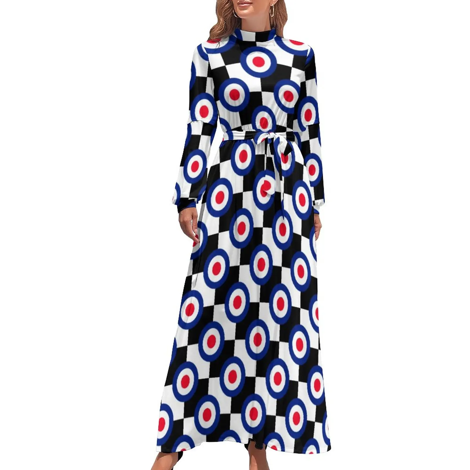 

Retro Mod Print Dress Roundels Checkers Kawaii Maxi Dress Aesthetic Beach Long Dresses High Waist Pattern Clothes