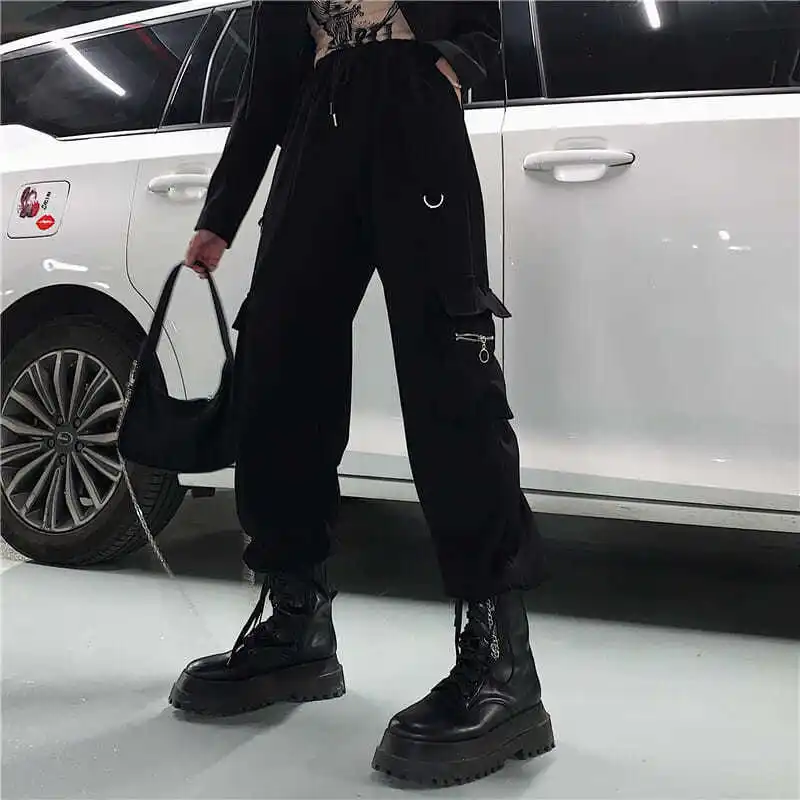 

Deeptown Hippie Techwear Black Cargo Pants Women Punk Streetwear Wide Leg Baggy Sweatpants Korean Style Kpop Oversized Trousers