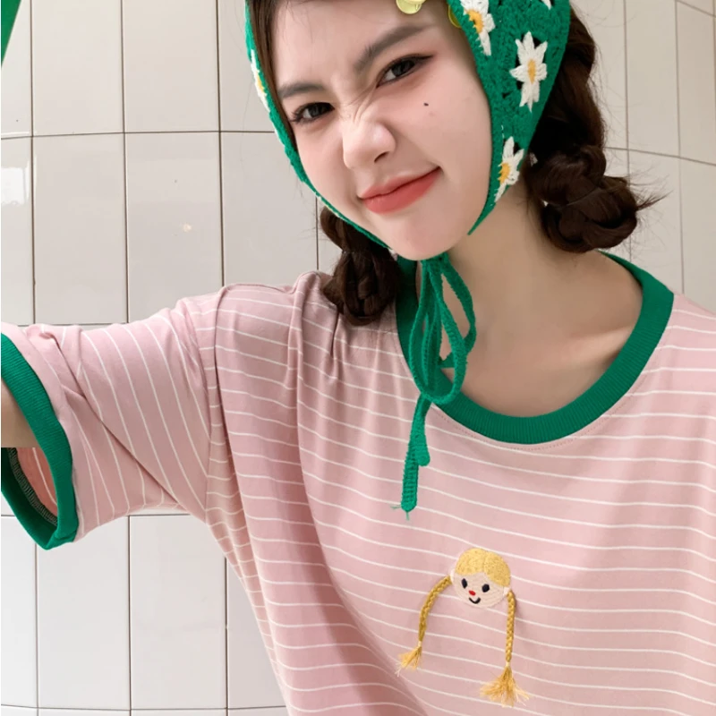 Pajamas for Women's Summer Cotton Short-sleeved Nightgowns with Round Neck Striped Sleepwear Elegant and Cute Style Loungewear