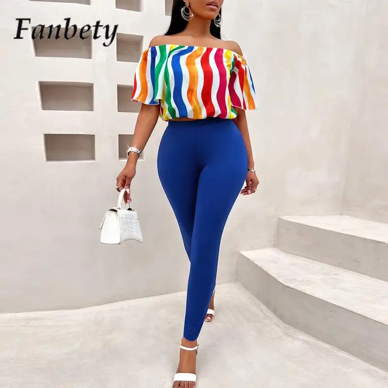 

2023 Fashion Loose Short Sleeve Skinny Suit Women Casual Office Slash Neck Two-Piece Summer Lsdy Color Striped Top And Trousers