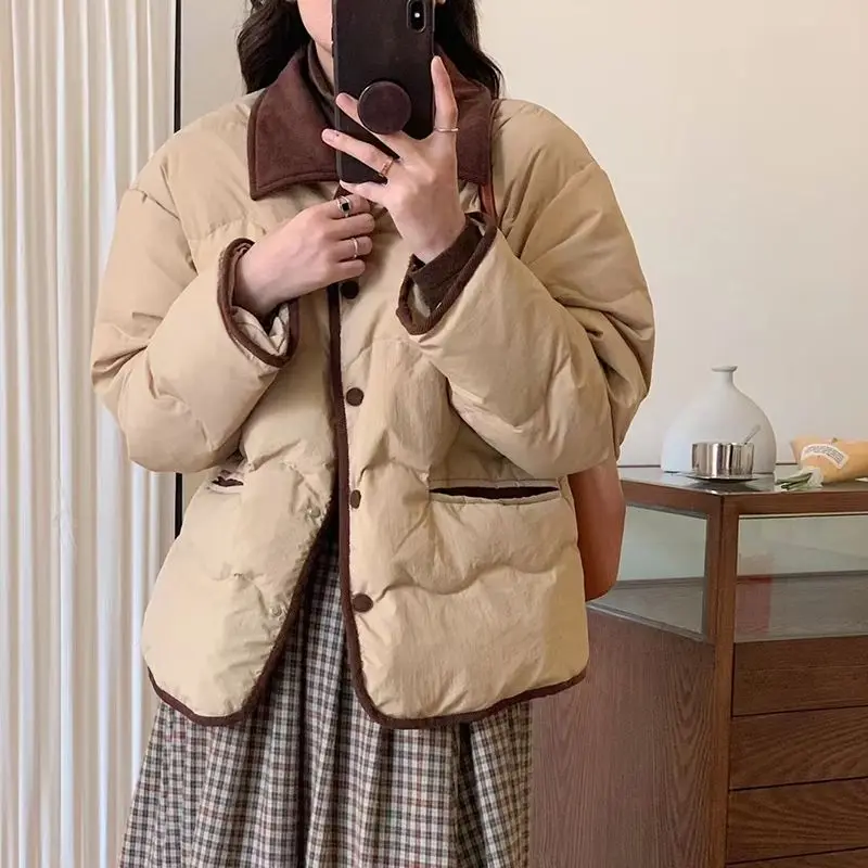 New Women 2023 Winter Warm Korean Chic Solid Loose Jackets Female Fashion Casual Long Sleeve White Duck Down Coats Tops C66