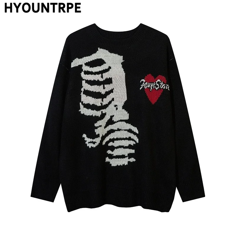 Hip Hop Skull Knitted Oversized Sweater Mens Autumn Winter O-neck Long Sleeve Pullover Streetwear Casual Loose Sweaters Clothing