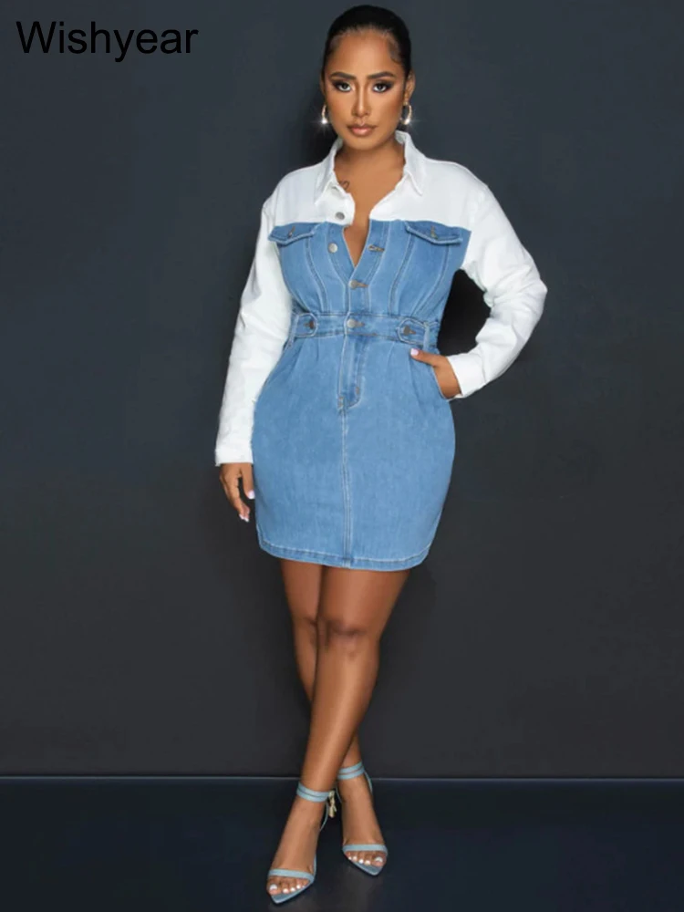 Женское облегающее джинсовое платье-рубашка Wishyear с отложным воротником