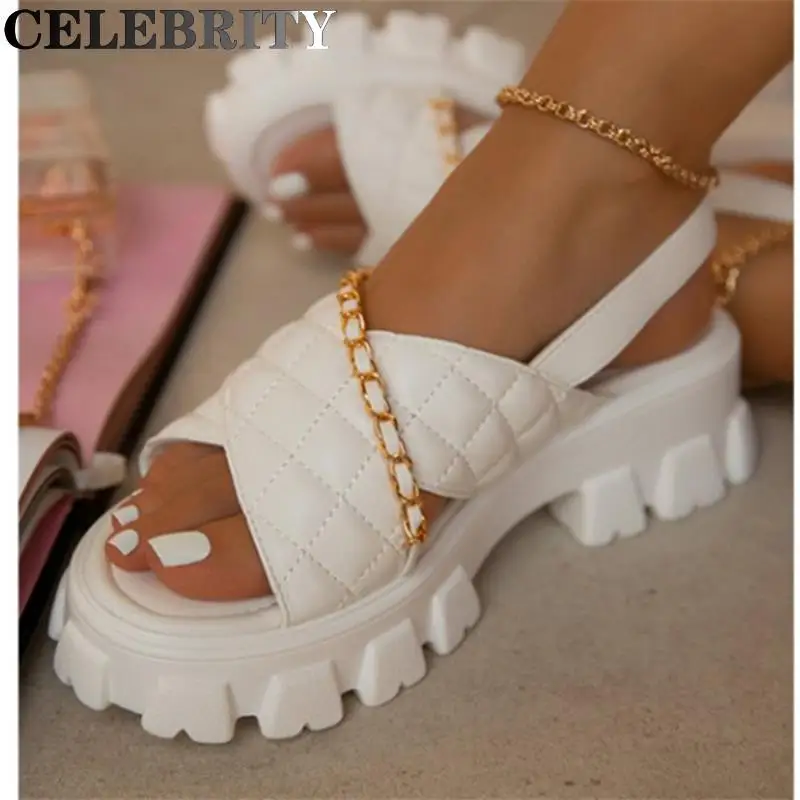 

2022 summer sandals women's large size chain decoration cross classic diamond plaid sandals women