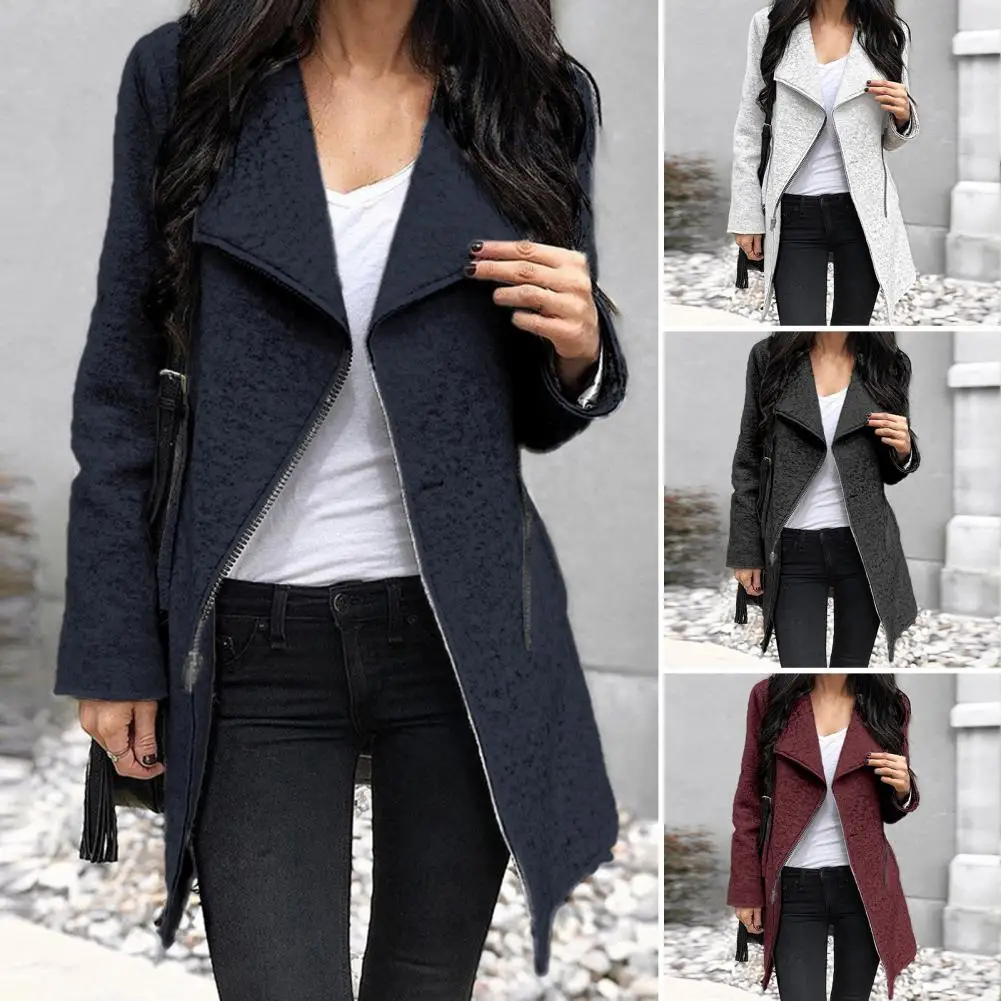 

Women Autumn Coat Zipper Long Sleeves Lapel Solid Color Loose Warm Cardigan Casual Pockets Spring Coat Roupas Femininas Jackets