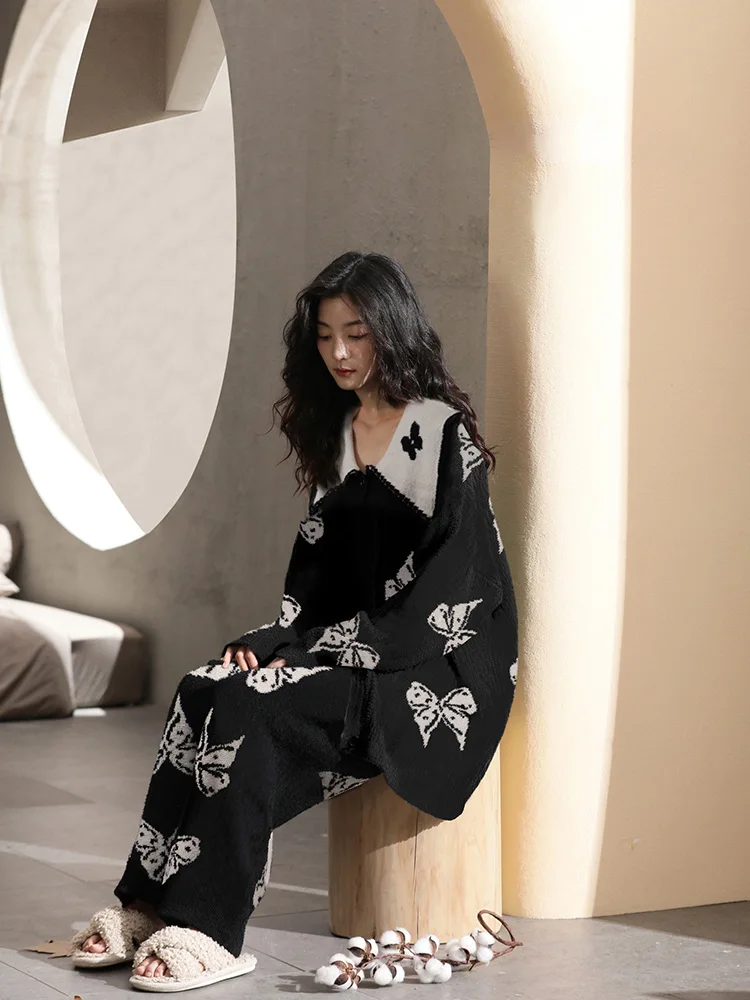 Осень и зима новые пижамы из кораллового флиса женские повседневные свободные