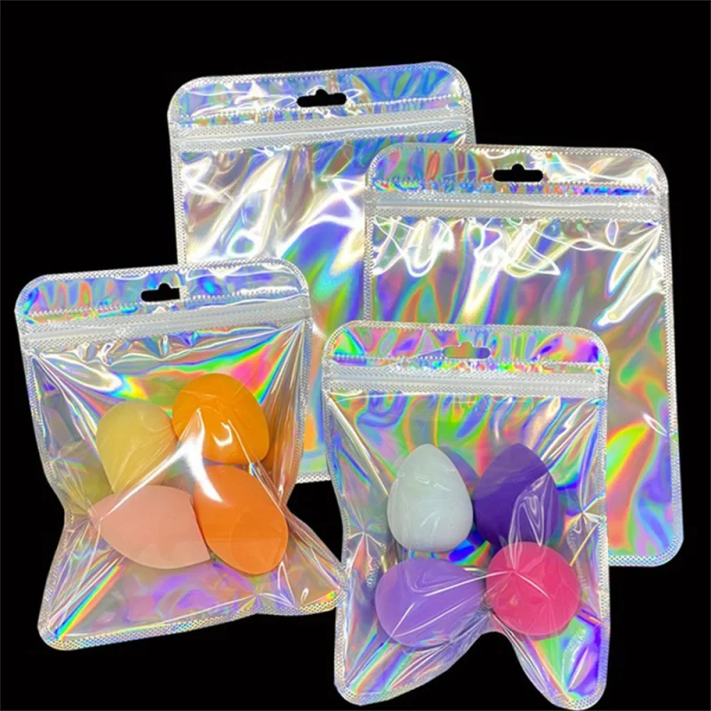 

50pc Iridescent Ziplock Bag Handicrafts Eyelash Makeup Storage Packaging Bag Laser Thicken Plastic Seal Bags For Jewelry Display