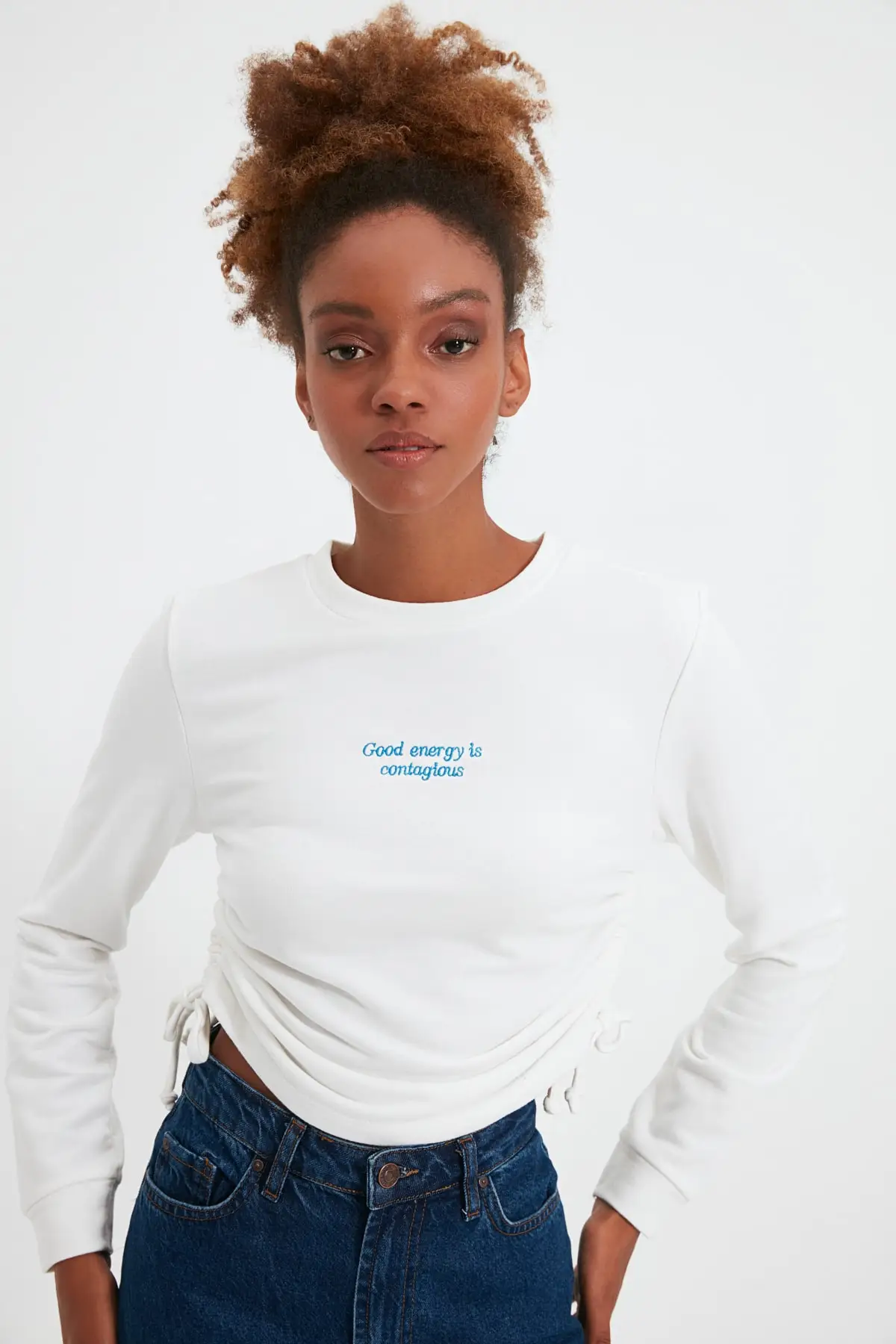 

White Embroidered Shir Detaylı Crop Knitted Sweatshirt Christmas gift