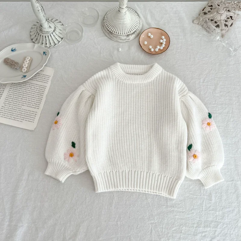 

Весенний вязаный свитер с вышивкой ручной работы для маленьких девочек; Свитер с рукавами-пузырьками и цветочным рисунком; Одежда для маленьких девочек
