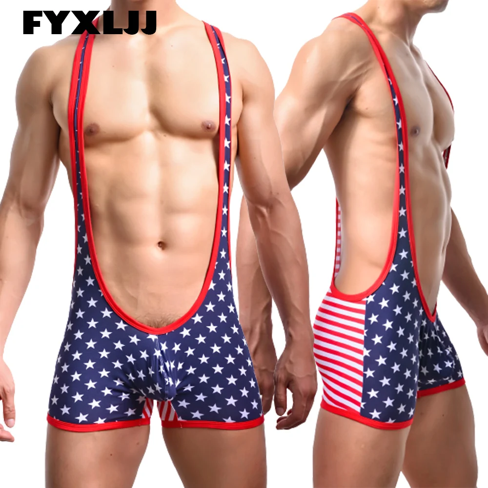 FYXLJJ Sexy Men Striped Undershirt Tank Top Jumpsuit USA Flag Man Wrestling Singlets Bodysuit Bulge Pouch Boxer Shorts Jumpsuits