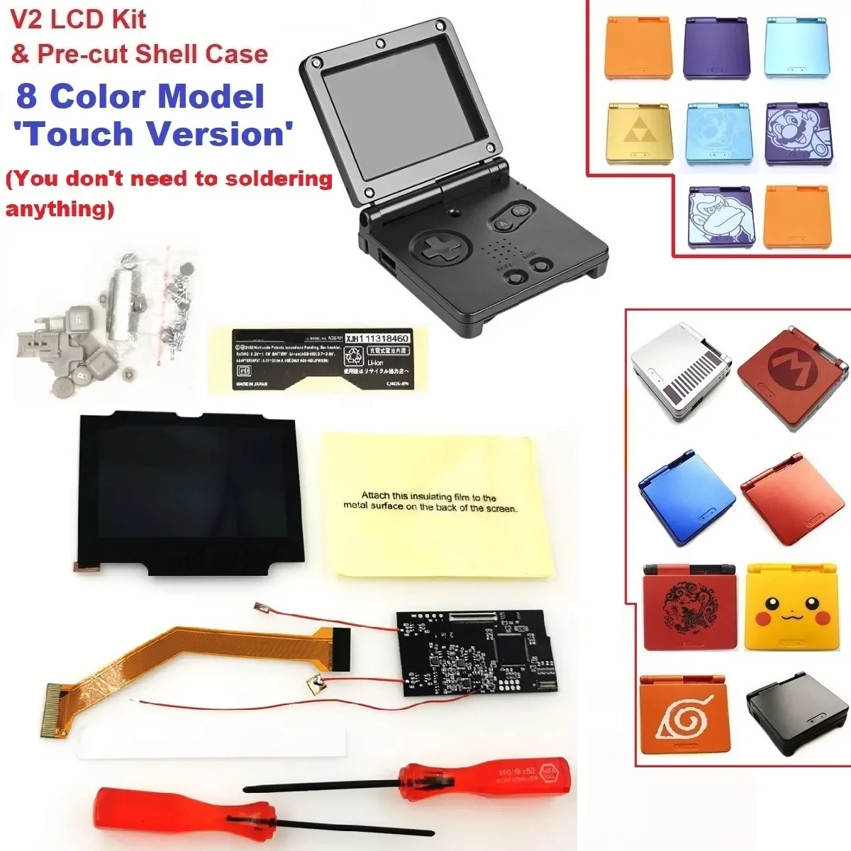 

Touch Version GameBoy LCD 8 Color Models V2 iPS Backlit LCD For Game Boy Advance SP For GBA SP Console And Pre-cut Shell Case