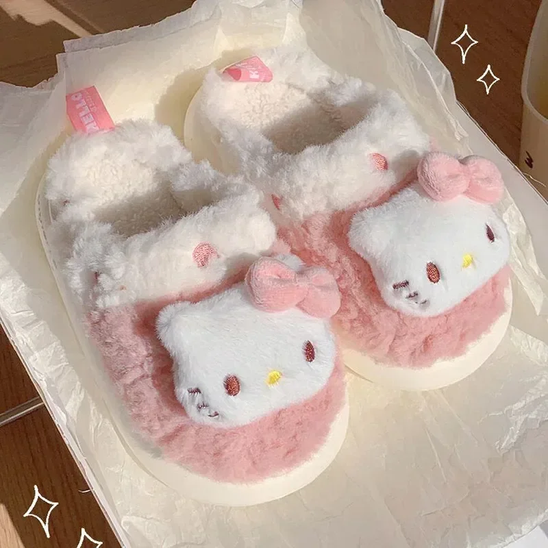 

Kawaii Sanrio, Hello Kitty Kuromi Cinnamoroll плюшевые тапочки, милые женские домашние хлопковые туфли, теплые зимние рождественские подарки для девушки