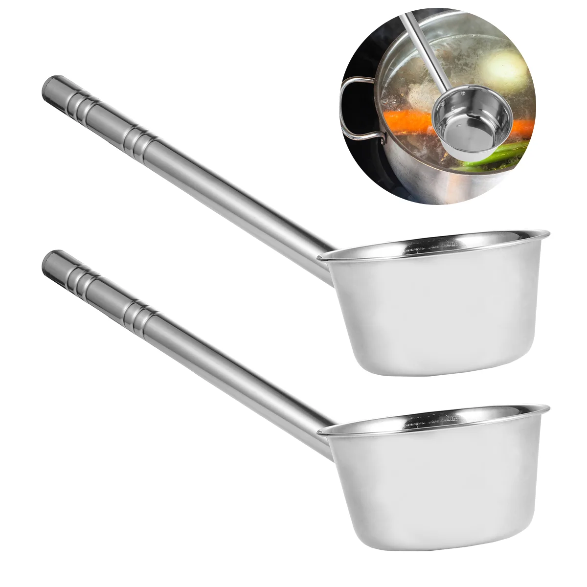 

2 Pcs Stainless Steel Handle Water Ladle Kitchen Soup Spoon Food Distribution Gadgets Baby Bathtub Shampoo Spoons Shell