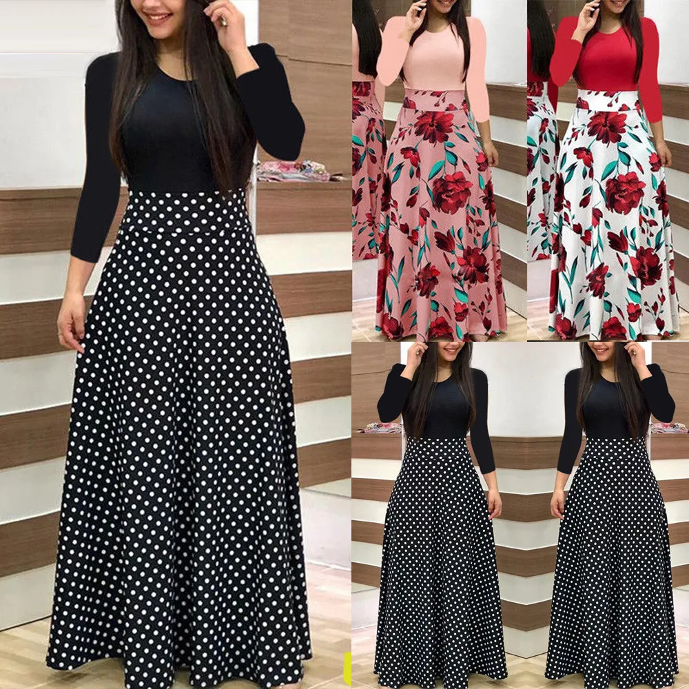 

2022 New Fashion Women Polka Dot Long Sleeve Floral Boho Floral Print Long Maxi Dress For Elegent Ladies Casual Party Dress