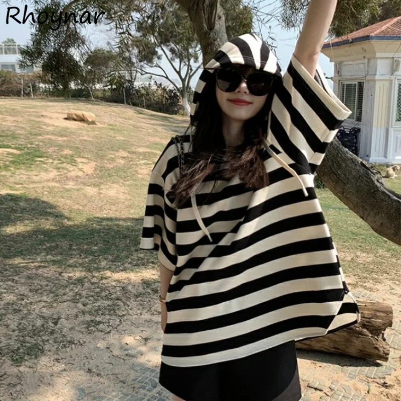 

T-shirts Women Harajuku M-3XL Sporty Summer Striped College Ulzzang Popular Streetwear Unisex Tops Hooded Designed Drawstring