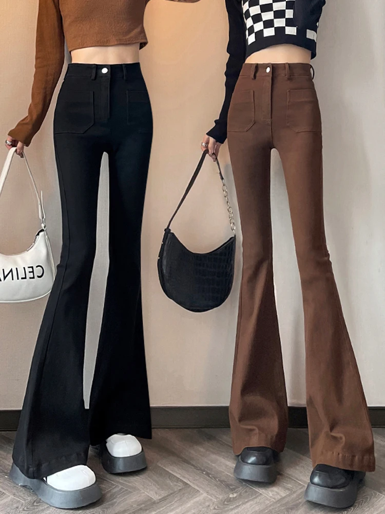 

Узкие брюки Y2K с завышенной талией и двумя пуговицами, эластичные расклешенные женские джинсы, модные повседневные узкие брюки