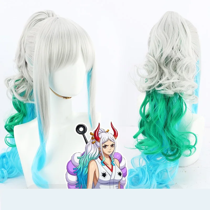 

Anime Yamato Cosplay Wig 70cm Long Silver Blue Green Mixed Ponytail Halloween Costume Party Wigs + Free Wig Cap
