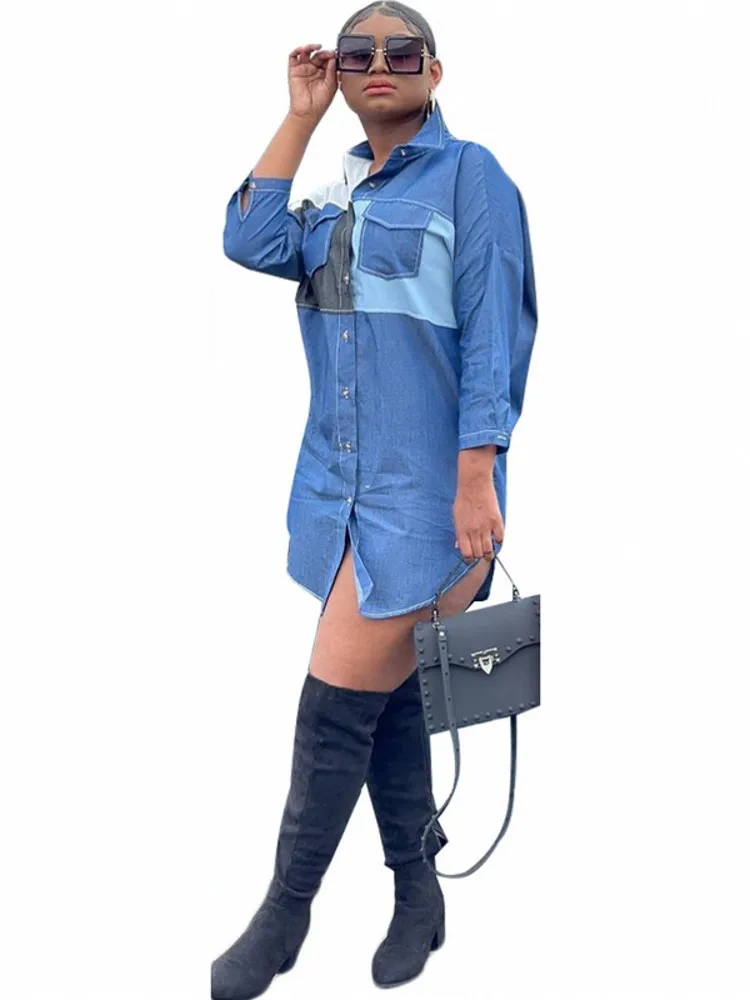 

Women's Casual Loose Denim Long Sleeve Shirt 2022 Spring New Fashion Patchwork Button Blouse Autumn Top Femme Cardigan Vestidos