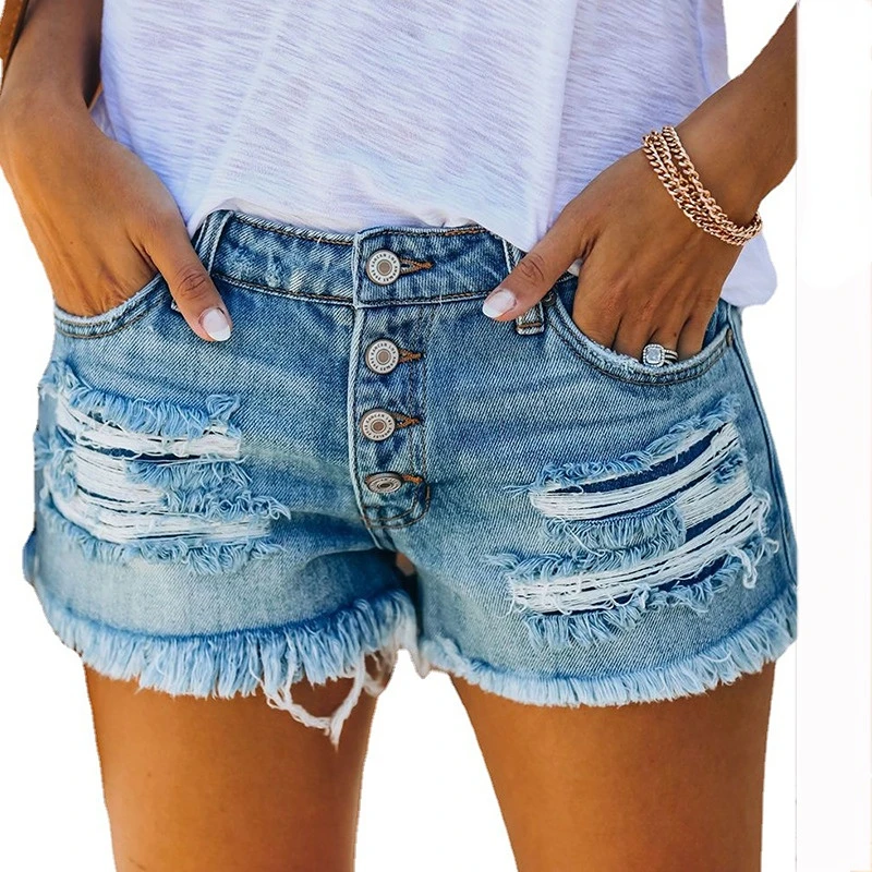 Broken hole tassel jeans shorts, straight breasted women's hot pants blue jeans for women  ripped jeans woman