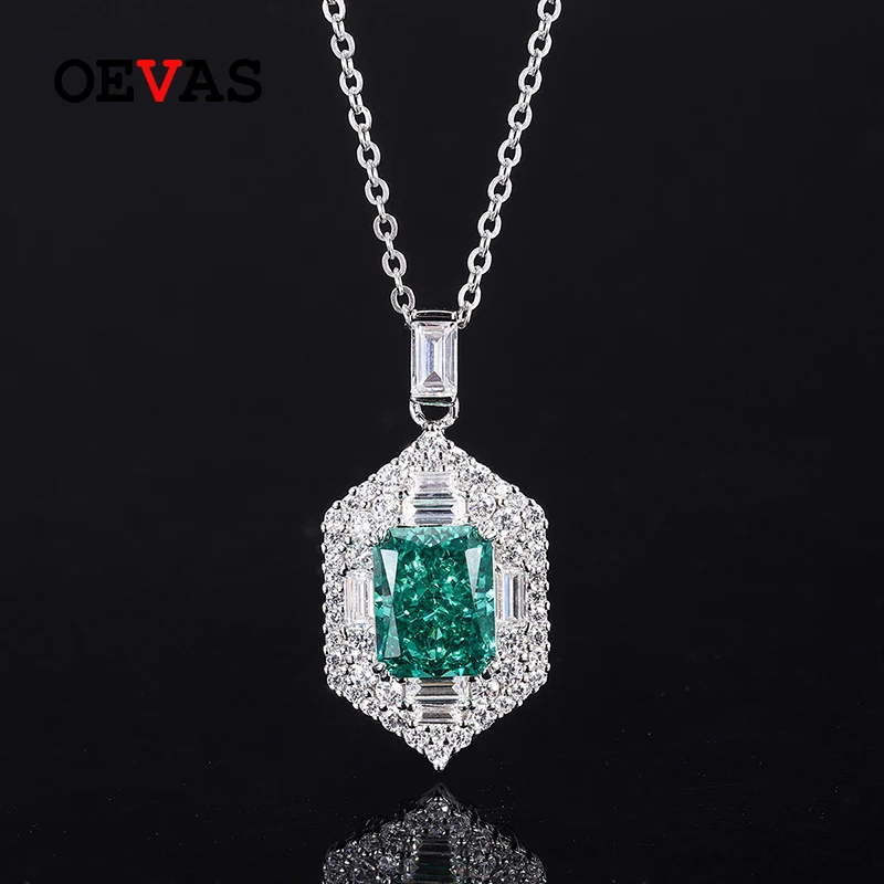 

OEVAS 100% 925 Sterling Silver 8*10mm Purple Emerald Aquamarine High Carbon Diamond Pendant Necklace For Women Fine Jewelry Gift