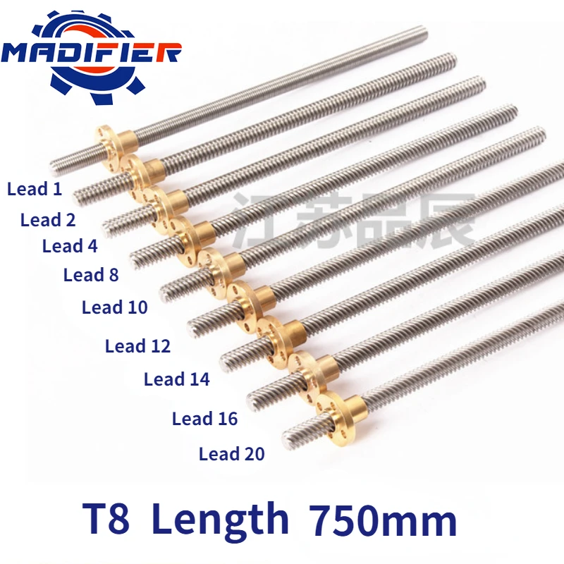 

304 stainless steel T8 screw length 750mm lead 1mm 2mm 4mm 8mm 14mm trapezoidal spindle 1pcs With copper nut