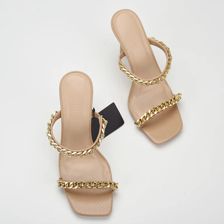 2023 Summer High heel with 2023 large size square head metal chain thin heel sandals and slippers
