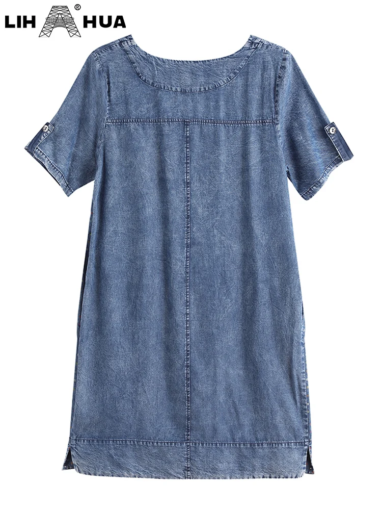 LIH HUA Women's Plus Size Denim Dress Autumn Chic Elegant Dresses For Chubby Women Cotton Woven Dress