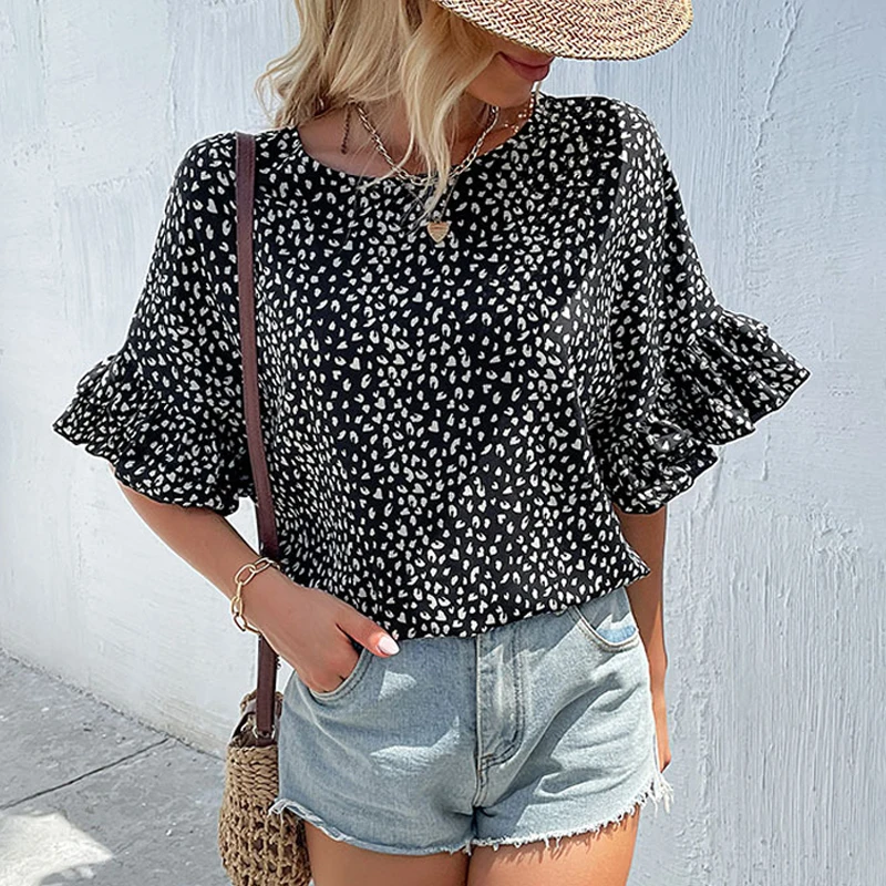 

Fashion Leopard Print Tops 2023 New Office Lady Loose Shirt Short Sleeve Blouse Summer Round Collar Female Clothing Blusas 26016