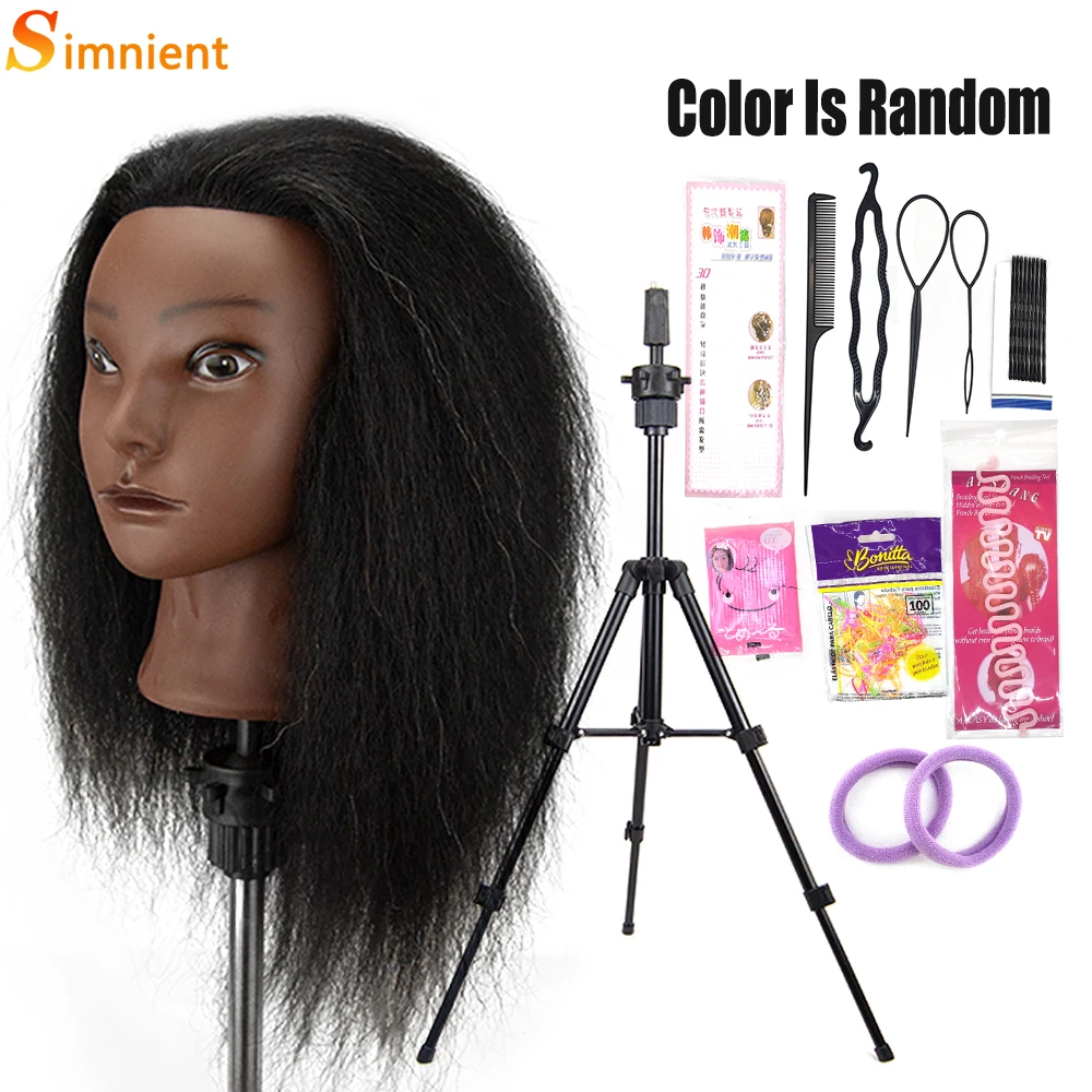 African Mannequin Head 100%Real Hair Hairdresser Training Head With Tripod Manikin Cosmetology Doll Head For Braiding Styling
