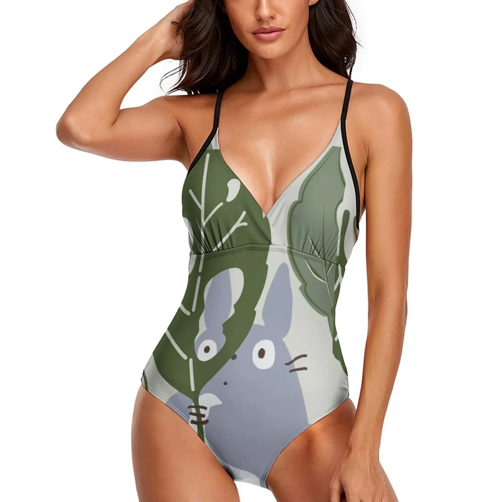 

Cute Totoro Print Swimsuit Sexy Japanese Anime One Piece Swimwear Woman Push Up Swimsuits Stylish Bathing Suits V Neck Beachwear