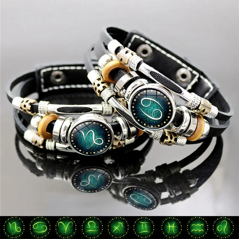 

Luminous 12 Constellation Black Punk Leather Bracelet Zodiac Sign Gemini Cancer Leo Virgo Snap Button Bracelet Bangles for Men