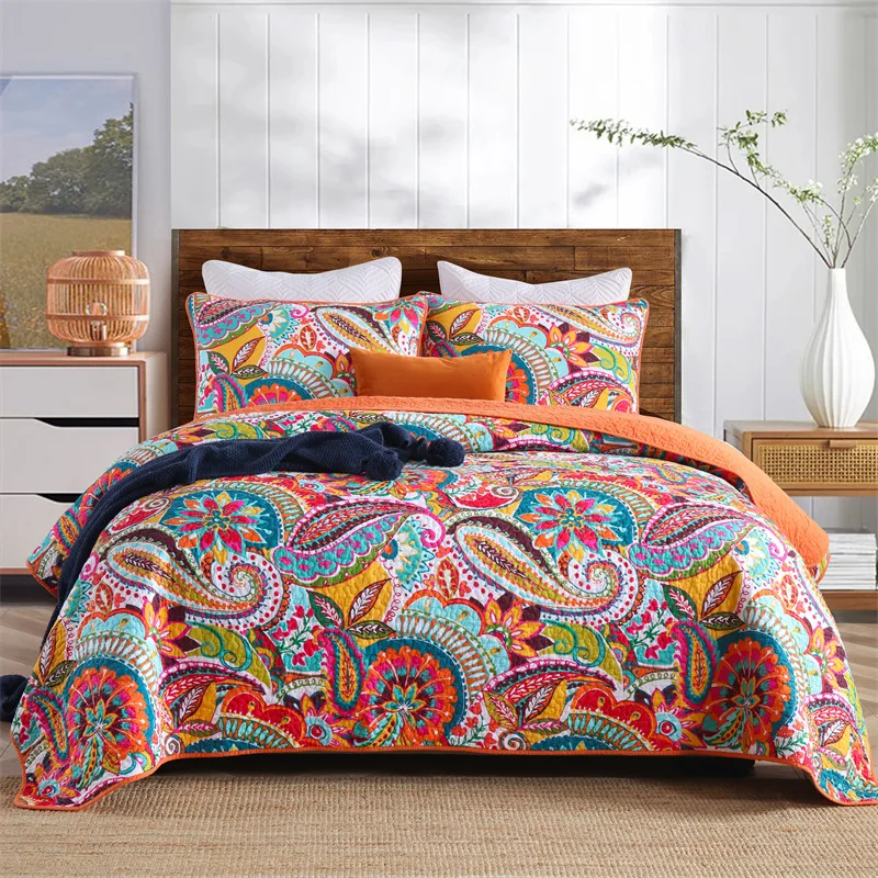 

CHAUSUB Paisley Pattern Cotton Quilt Set 3PCS Bedspread on the Bed Queen Size Printed Coverlet Summer Quilted Blanket for Bed