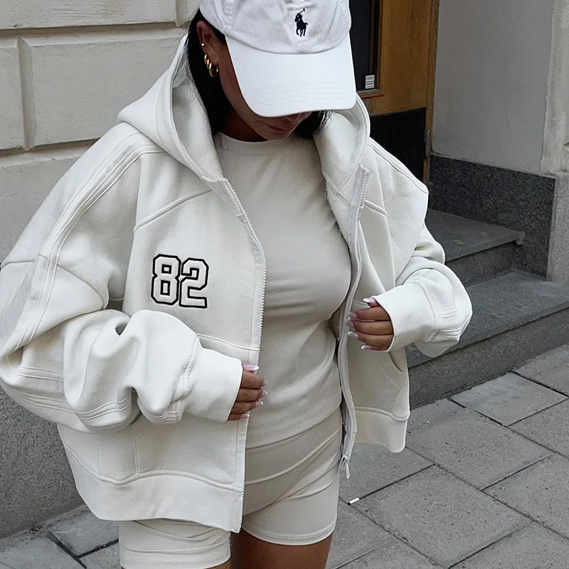 

Casual Loose Hooded Autumn Jacket Female Digital Embroidery Sporty Hoodies Coat Zip-Up Pockets Korean Basic White Vintage Coats