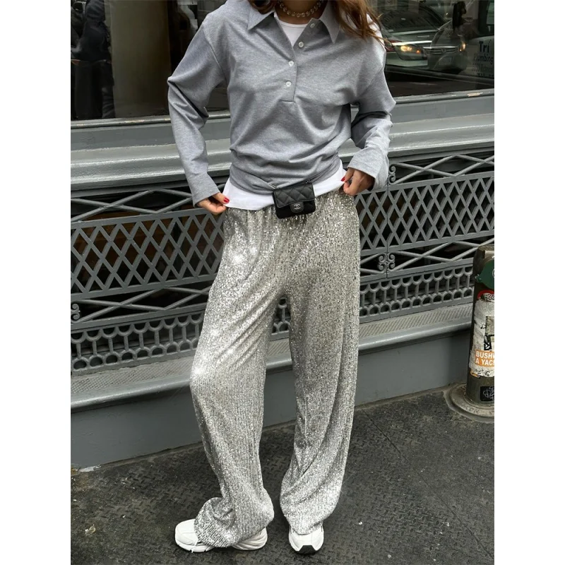 

Silver Sequin Female Trousers High Waist Casual Luxury Party Outfit Trousers Fashion High Street Sparkle Straight Legg New