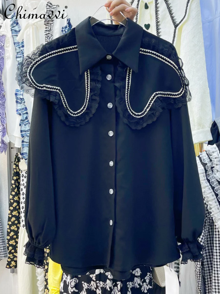 

French Ruffled Heart-Shaped Square Collar Black Long-Sleeved Shirt Women 2022 Early Autumn Original Fashion Loose Blouses Top